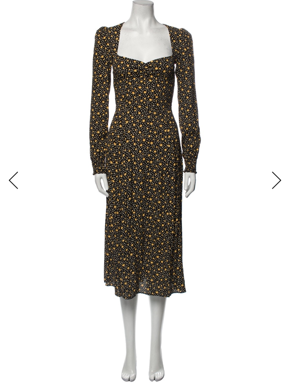 Reformation Black Long Sleeve Midi Dress with Yellow Floral Dots